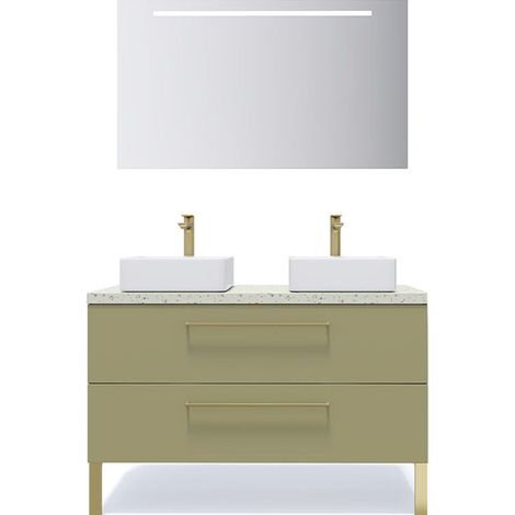 Meuble de salle de bain suspendu 2 vasques à poser 120cm 2 tiroirs Vert olive + miroir - Glasgow (1/5)