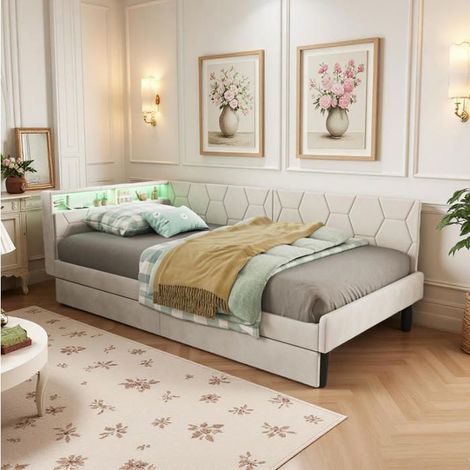 Beige gepolstertes Bett, Kinderbett 90x200 cm mit 2 Schubladen und LED, Schlafsofa mit Lattenrost, Kombibett, Einzelbett, Bettgestell