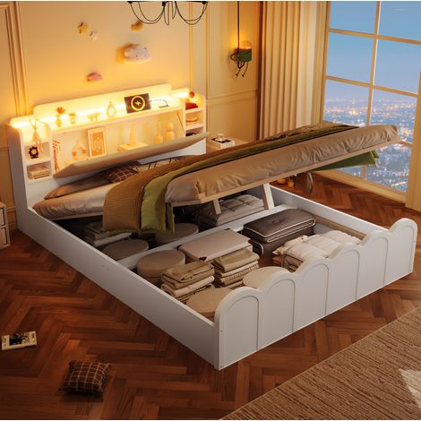 Cama con almacenaje 140x200 cm blanca en tablero de partículas con LED, USB-C y elevación hidráulica (1/5)