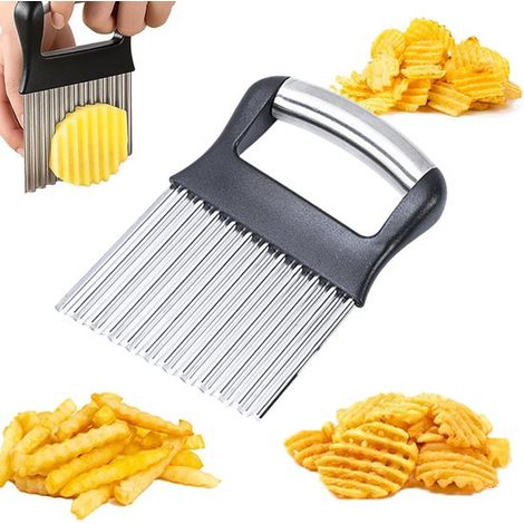 Cortador ondulado, Cortador de patatas de acero inoxidable, Cortador de pepinos, Cortador de patatas fritas, Forma ondulada multifuncional, Negro (1/5)