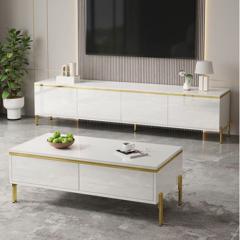 Conjunto mueble TV y mesa de centro blancos brillantes, almacenamiento, HAVRYA (1/5)