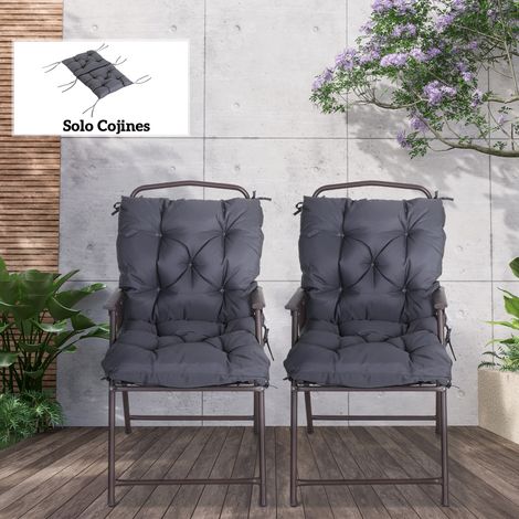 Set mit 2 Stuhlkissen (50 x 98 x 8 cm) mit Rückenlehne und 6 Befestigungsschnüren für Garten, Terrasse und Balkon, Dunkelgrau