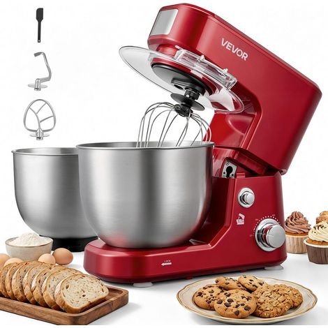 Pâtes et crème : robot pâtissier 5 + 4 L, tête inclinable, protection anti-éclaboussures et bols SUS304 (1/5)