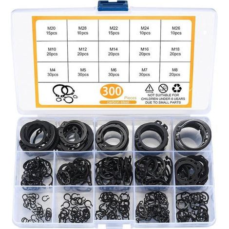 300 Pièces E-clips Kit Anneau de Retenue Externe, Assortiment Circlips Snap, Bagues d'arrêt Circlips, M4-M28 (1/4)