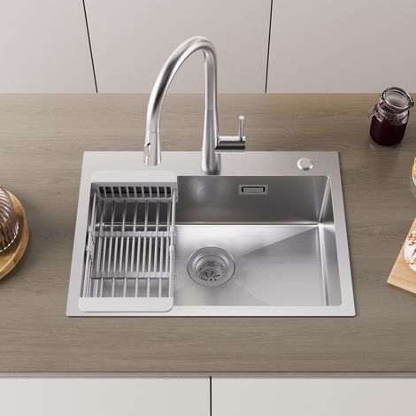 Lavello da cucina 60 x 45 cm Lavelli una vasca, in acciaio inox con cestello di scolo, finitura spazzolata, installazione a incasso e a filo per mobile da 60 cm