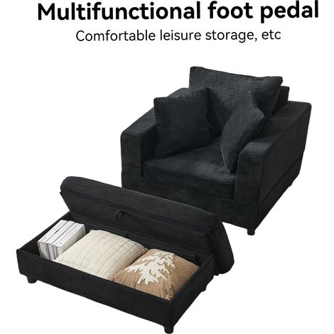 Chaise longue noire avec espace de rangement, repose-pieds coffre, 3 coussins, velours côtelé, structure métal et bois (1/5)