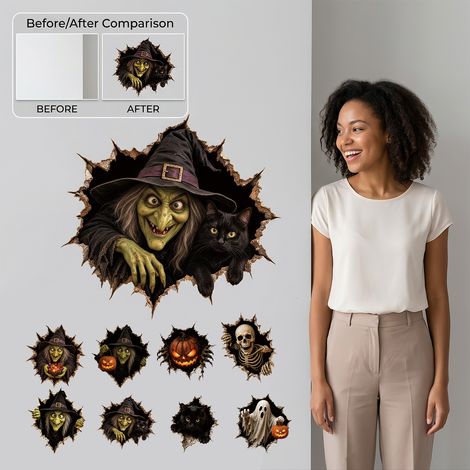 Halloween-themed 3D wall stickers featuring a witch and black cat – perfect for spooky homes and windows. -- BIEMMEDUE (1/5)