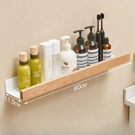 Étagère de salle de bain en bois de hêtre (60 cm), supports de rangement muraux sans perçage, étagères de rangement pour salon, étagères murales (1/5)