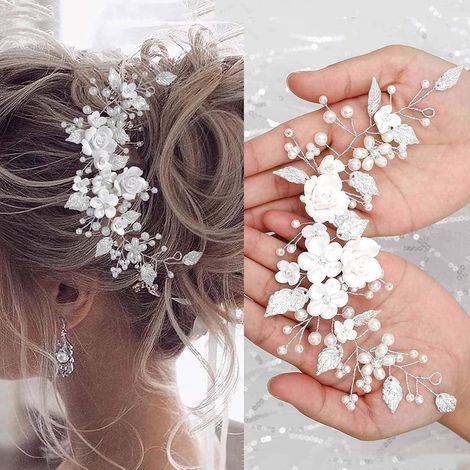 Wedding Leaves Hair Vines, Wedding Flowers Hair Vine Bride, Pearl Headband Wedding Hair Jewelry Bridal Hairstyle Beaded Hairstyle for Women and Girls
