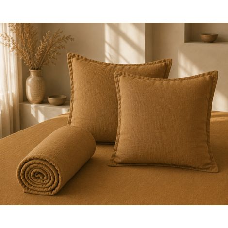 Parure Drap Housse 140 x 190 cm + 2 Taies 60x60 cm 100% Lin Français - Caramel
