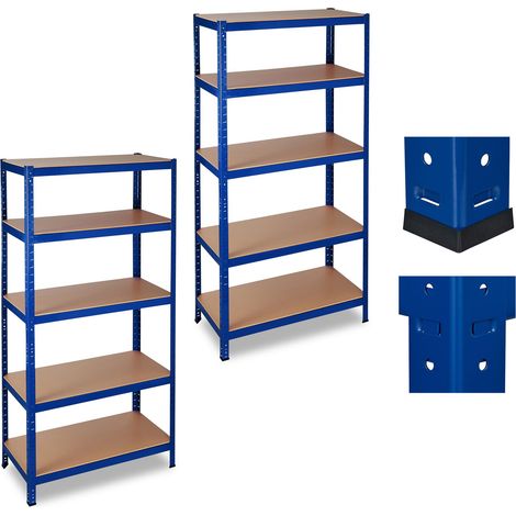 2 x Schwerlastregal, Traglast 1325 kg, 5 Ebenen, zum Stecken, Keller, Garage, Stahl, HxBxT: 180 x 90 x 45 cm, blau (1/5)