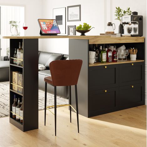Mobile bar con contenitore 138x39x102 cm in MDF nero, modulare per soggiorno, FLORAGRACE (1/5)