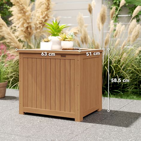 Coffre de rangement extérieur 130 L avec couvercle, charnières et sangles, en bois, 63 x 51 x 58,5 cm, marron (1/5)