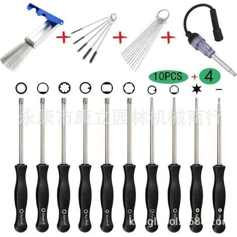 FENOPLASTICALot de 10 tournevis pour réglage de carburateurs Walbro de petits moteurs à 2 temps de trononneuses/rotofils/etc. Husqvarna, Troy-Bilt, etc. avec trousse, brosse et kit d'outils de nettoya (1/5)