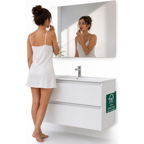Mobile da Bagno Sospeso con Specchio e 2 Cassetti Otranto Larghezza 90cm Bianco (1/5)