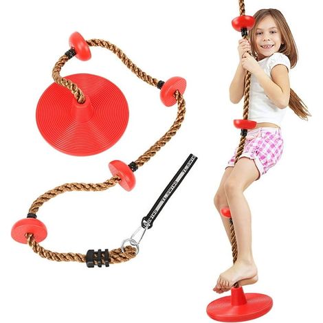 Corde d'escalade pour enfants, 2m corde à nœuds avec plateforme en disque rouge, balançoire extérieure avec sangle d'arbre, ensemble de jeu pour jardin, siège rond robuste pour portique, swing set pou (1/5)
