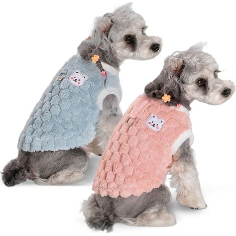 Veste Polaire en Peluche Épaisse pour Chien et Chat - Manteau sans Manches avec Motif Ours Mignon et Trou pour Laisse, Idéal pour Petits et Moyens Animaux de Compagnie en Automne et Hiver (Rose / Bleu (1/5)