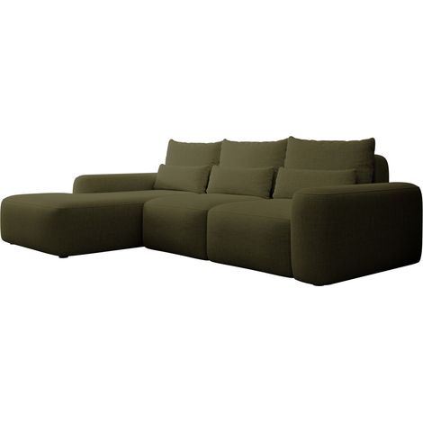 Selsey Carnos – Ecksofa mit Schlaffunktion, Lendenkissen, wasserabweisendem Chenille, Olivgrün, links