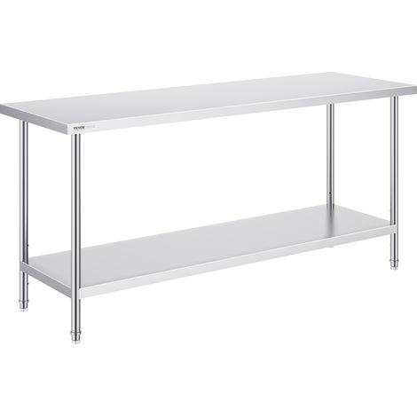 VEVOR Tavolo da Lavoro in Acciaio Inossidabile 610 x 1829 x 864 mm, con 4 Ruote, 3 Livelli di Altezza Regolabili, Tavolo Resistente per Preparazione Alimenti Ristoranti Cucina Commerciale, Argento