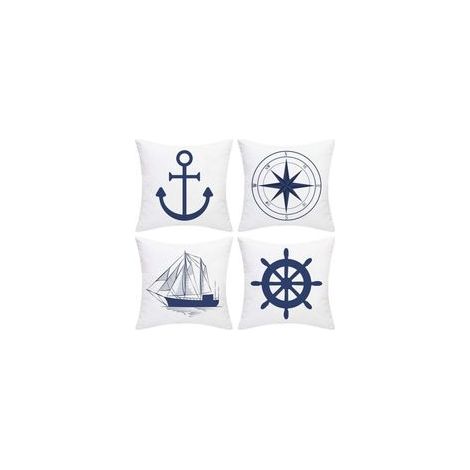 Lot de 4 housses de coussin nautiques - Motif ancre marine - Navigation - Boussole - 45 x 45 cm - Style marin - Blanc et bleu (1/5)