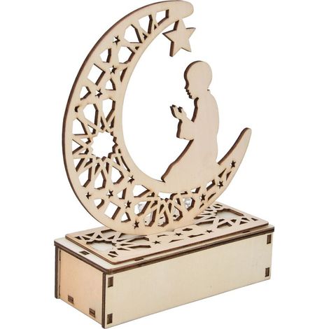 1 veilleuse artisanale, en bois de buis, design lune et motifs traditionnels, pour décoration intérieure et cadeau Ramadan