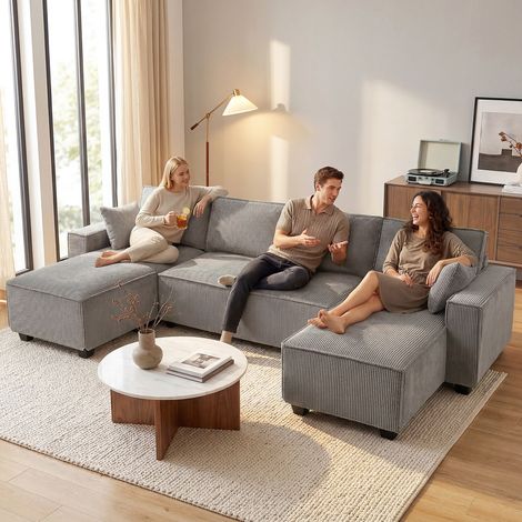 Canapé d'angle avec deux méridiennes, canapé en forme de U en velours côtelé avec assise large et profonde, coussins à ressorts, gris clair (1/5)