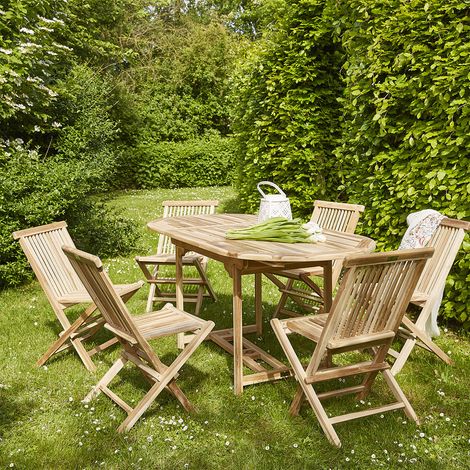 Berah Getah – Ensemble table ovale et chaises pliantes en teck brut 6 places – Rallonge papillon 50 cm – Résistant aux intempéries – Montage facile (1/5)