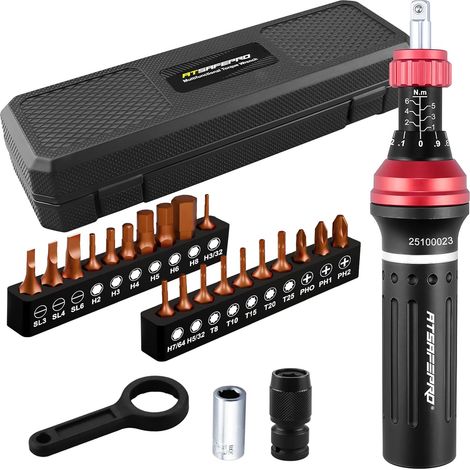 Tournevis Dynamométrique 1-6 Nm 1/4" Kit 25 Pièces Réglage précis du couple, 21 embouts, porte-embout, coffret, pour vélo, optique et mécanique de précision (1/5)