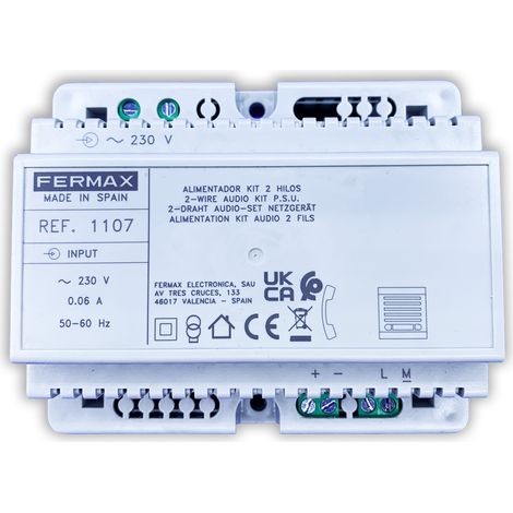 Alimentador kit audio 2 hilos 230VAC, 12V, 1A, ideal para sistemas de sonido.