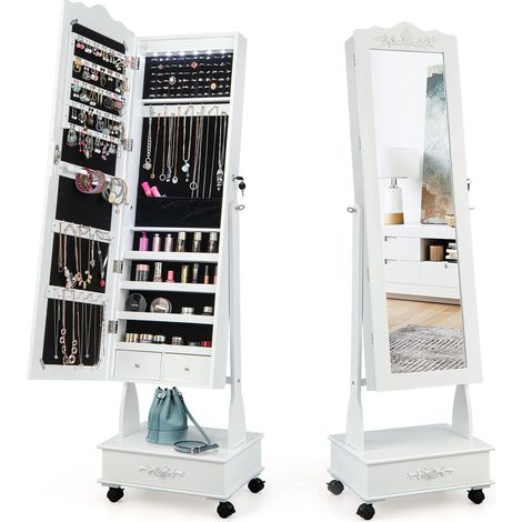 COSTWAY Schmuckschrank mit LED Beleuchtung, Spiegelschrank mit Ganzkörperspiegel & Schubladen, Schmuck Organizer mobil, abschließbar (Weiß)