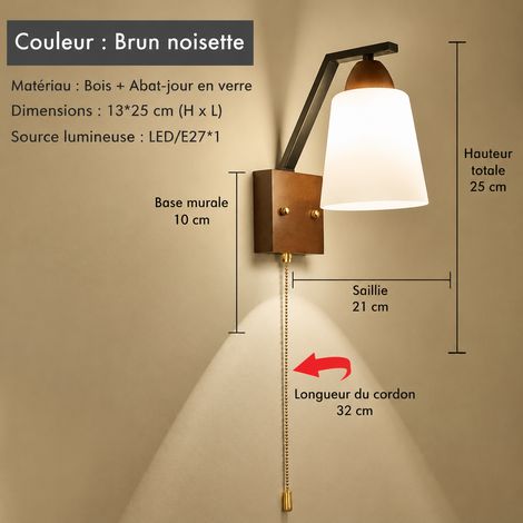 Applique Murale LED Bois couleur noyer avec interrupteur à tirette modèle trompette lumière chaude 16W 1 kg – Livraison gratuite
