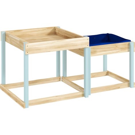 2 PCS Wooden Outdoor SWater Play Tables with Bottom Liner for Kids Aged 3-8 Years Old, Natural Wood Finish (1/5)