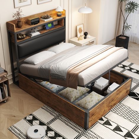 Lit coffre 90x200 avec rangement hydraulique et port USB, lit simple avec tête de lit étagère, style industriel métal noir et bois vintage (1/5)