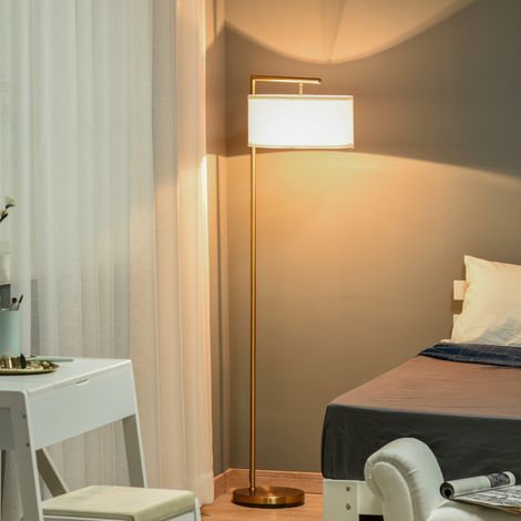Lampadaire E27 en acier avec abat-jour en tissu blanc et or 47x37x153 cm OKWISH (1/5)