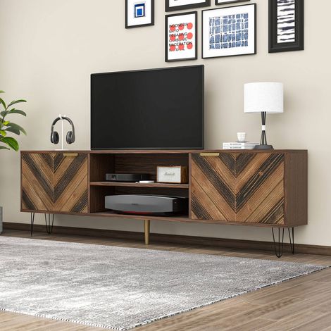 Meuble tv 170cm avec 2 portes en placage bois, pieds en métal et poignées dorées (1/5)