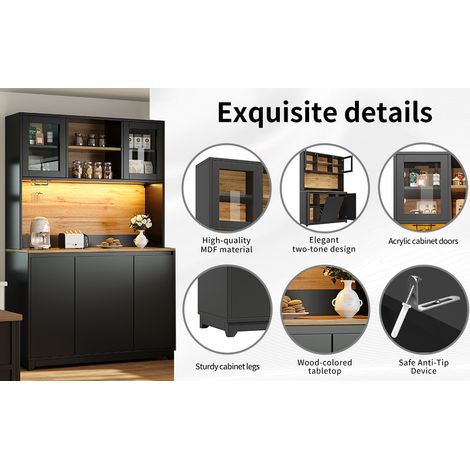 Placards de cuisine (120 × 40 × 180 cm), hauts buffets de cuisine, buffets, placards de cuisine avec portes acryliques et éclairage LED, noir (1/5)