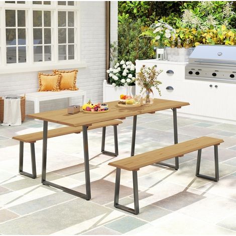 Table de jardin avec 2 bancs, ensemble 3 pièces pour 6 personnes, bois naturel HAVRYA (1/5)