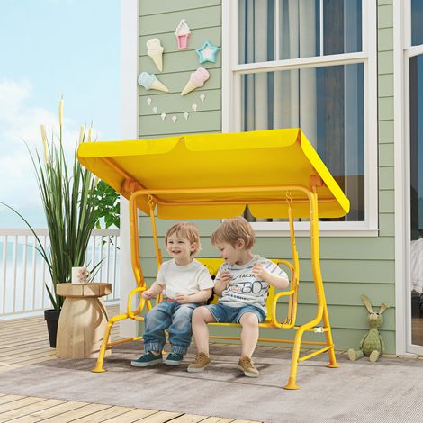 Balançoire extérieure deux places pour enfants avec auvent réglable et ceintures de sécurité. 112 x 75 x 120 cm. Jaune.