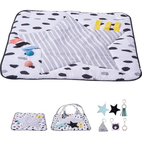 Tapis d'éveil bébé avec 6 jouets sensoriels, 2 balles tactiles, tissu doux, développement moteur, cadeau idéal 0-18 mois. (1/5)