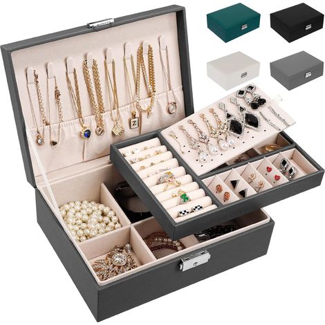 Boîte à Bijoux pour Femme en Cuir Deux Etages Coffret de Rangement Bijoux pour Ranger Bagues/Boucles d'oreilles/Colliers (Gris) (1/5)