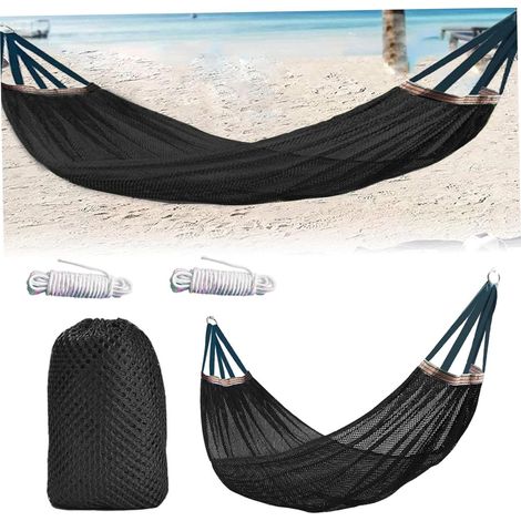 Amaca da campeggio in corda – amaca in nylon con corda di fissaggio e borsa per il trasporto – 260 x 130 cm – nera – Portatile e pieghevole in modo compatto (1/5)