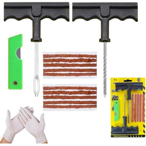 Meche Pneu Crevaison - Kit Reparation Pneu Voiture - Répare en 15 Minutes - Inclut 10 Mèches,1 Outil T spiralé,1 Insert d'outil en T,2 Gants et 1 Cutter - Kit Anti Crevaison Voiture