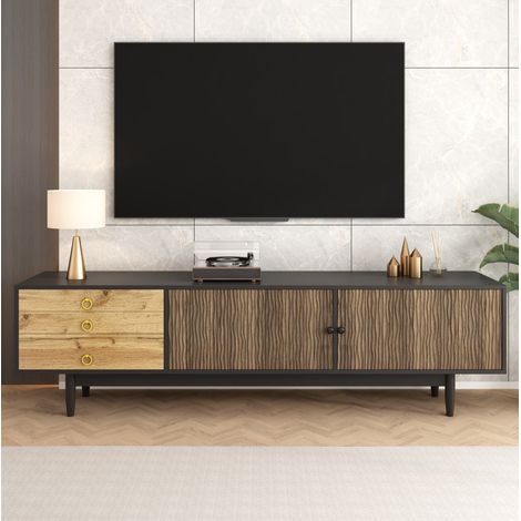 Meuble TV en MDF et panneaux de particules noir et bois naturel 180 x 38 x 50 cm, 2 portes, 3 tiroirs, motif ondulé (1/5)
