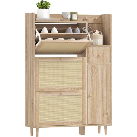 Zapatero con 3 Cajones Abatibles con Frentes de Ratán Cajón y Armario para Decoraciones y Llaves 80x23x120 cm Roble (1/5)