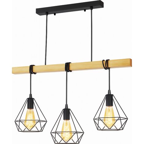 Lámpara colgante 3 luces madera metal jaula negra E27 (1/5)