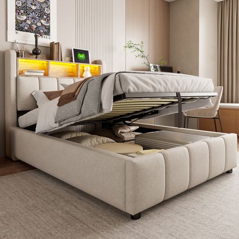 Letto con contenitore imbottito in tessuto di lino beige 90x200 cm con LED, USB/Type-C e rete a doghe (1/5)