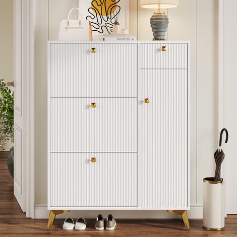 Scarpiera 90x25x121 cm, mobile portascarpe con 3 ribalte, 1 cassetto e 1 anta, mobile ingresso per 12 paia - Bianco