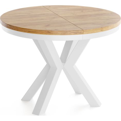 Runder Ausziehbarer Esstisch im Loft-Stil - Industrieller Tisch mit Weißen Metallbeinen - Platzsparender Tisch für Wohnzimmer - Craft Eiche - 120 bis 200 cm