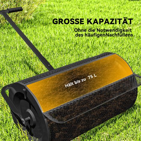 Épandeur à compost 75 L 61x40 cm, distributeur d'engrais pour gazon et jardin avec poignée en T et panier grillagé en métal noir