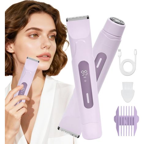 2 in 1 Body Hair Remover for Women, New Design with LED Display, IPX7 Waterproof and Rechargeable for Gentle Hair Removal on Face, Armpits, Legs and Bikini (Purple) (1/5)